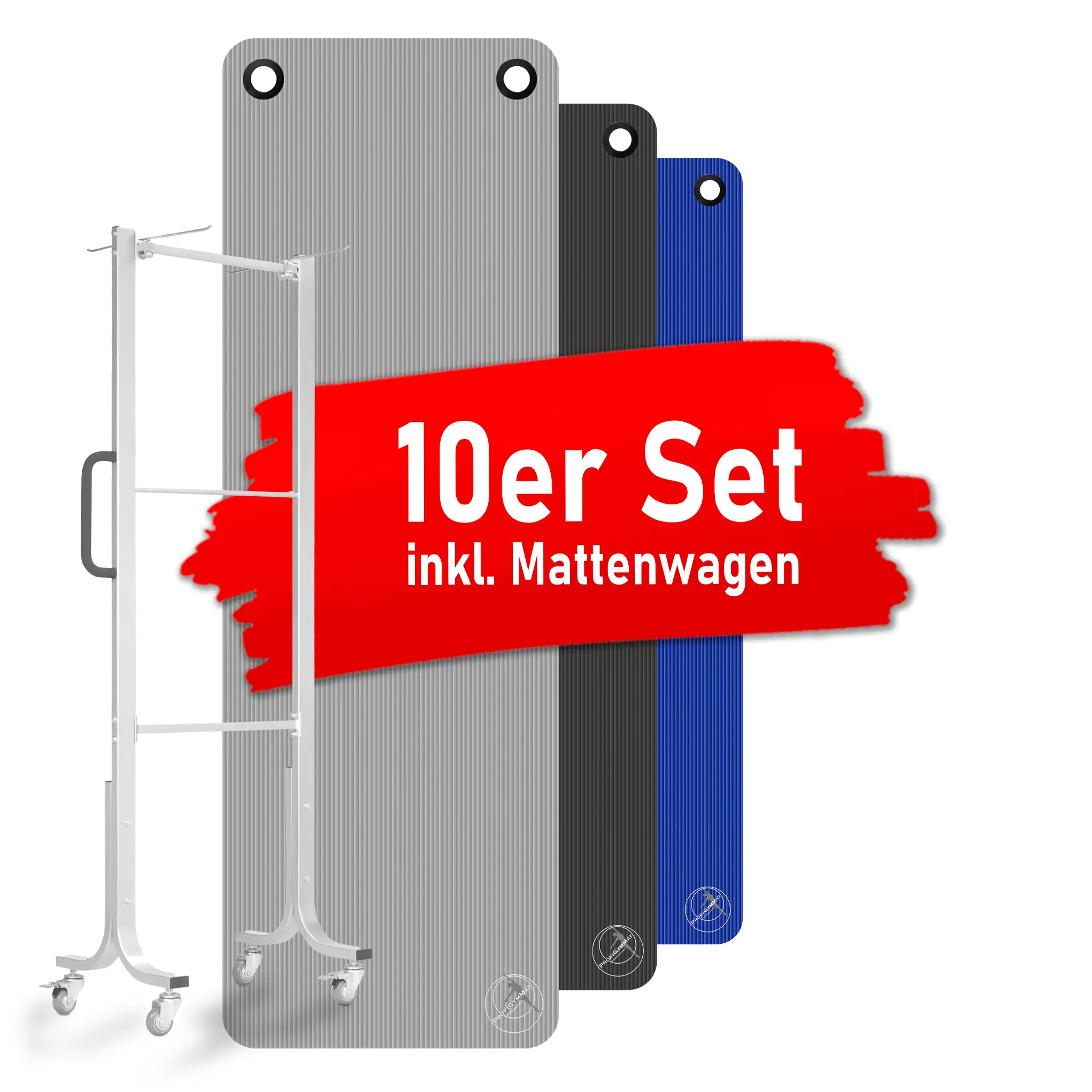 10er Set ProfiGymMat® 180 mit Ösen inkl. Mattenwagen
