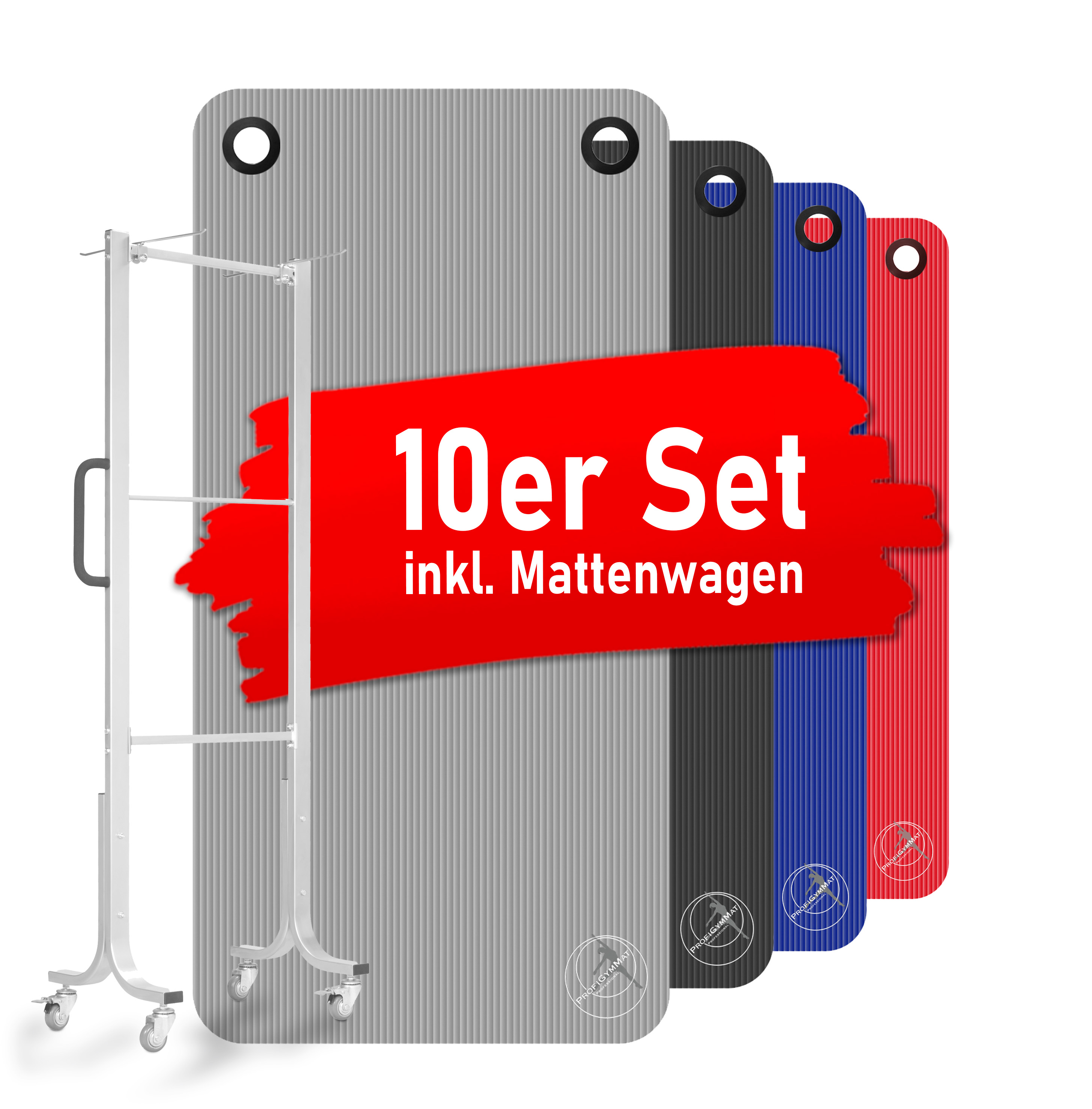 10er Set ProfiGymMat® Professional 120 mit Ösen inkl. Mattenwagen