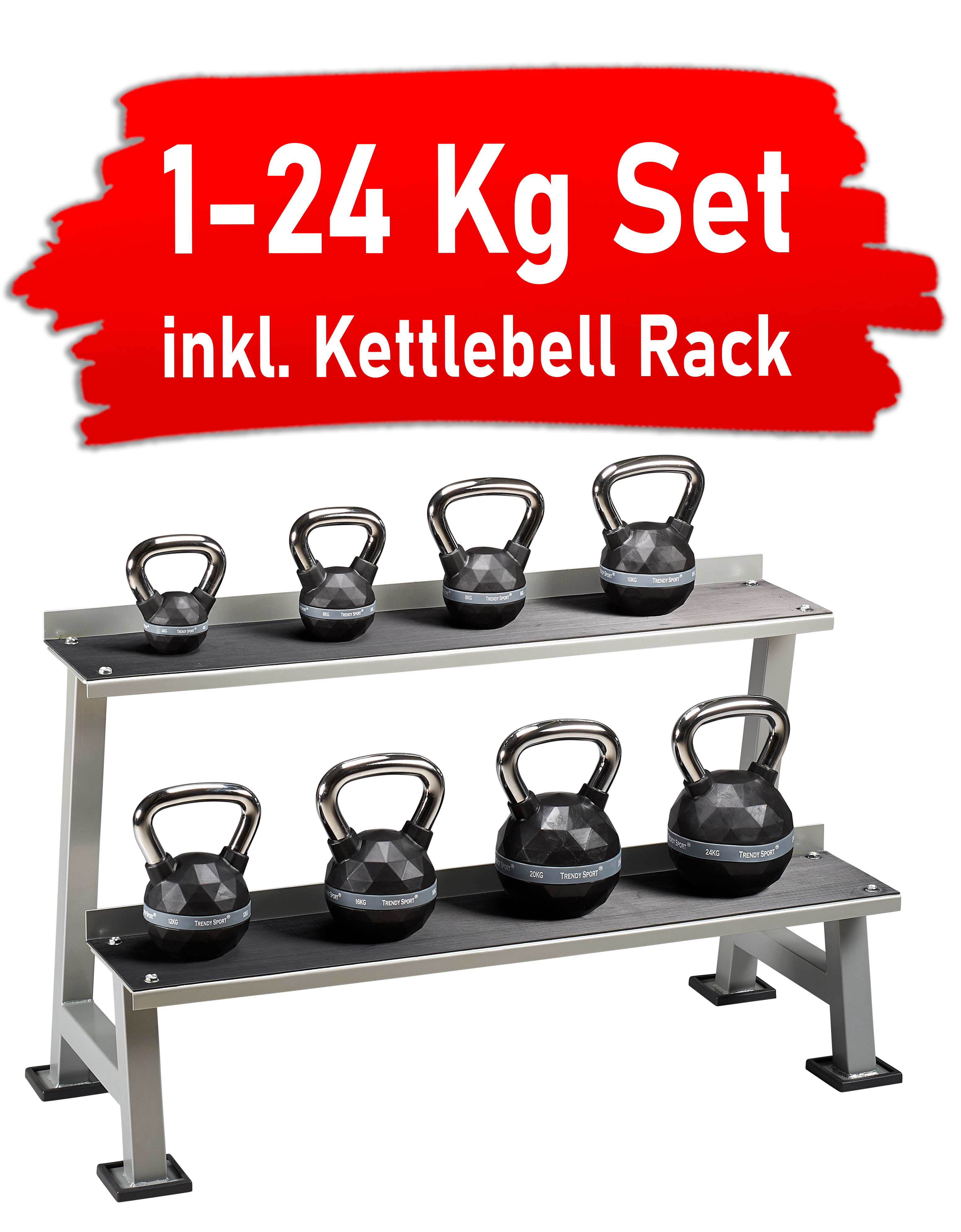 1-24 Kg Exklusiv Kettlebell Set inkl. Kettlebell Rack